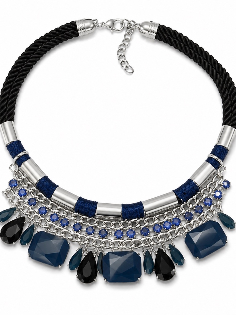NWT Statement Black & Navy Rope Necklace with Blue Gem Accents